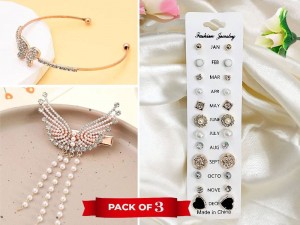 Combo Pack of Bracelet Kara, 12 Pairs Earring and Headdress Hair Clip Price in Pakistan