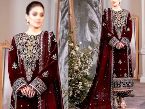 Luxury Embroidered Maroon Velvet Wedding Dress 2023