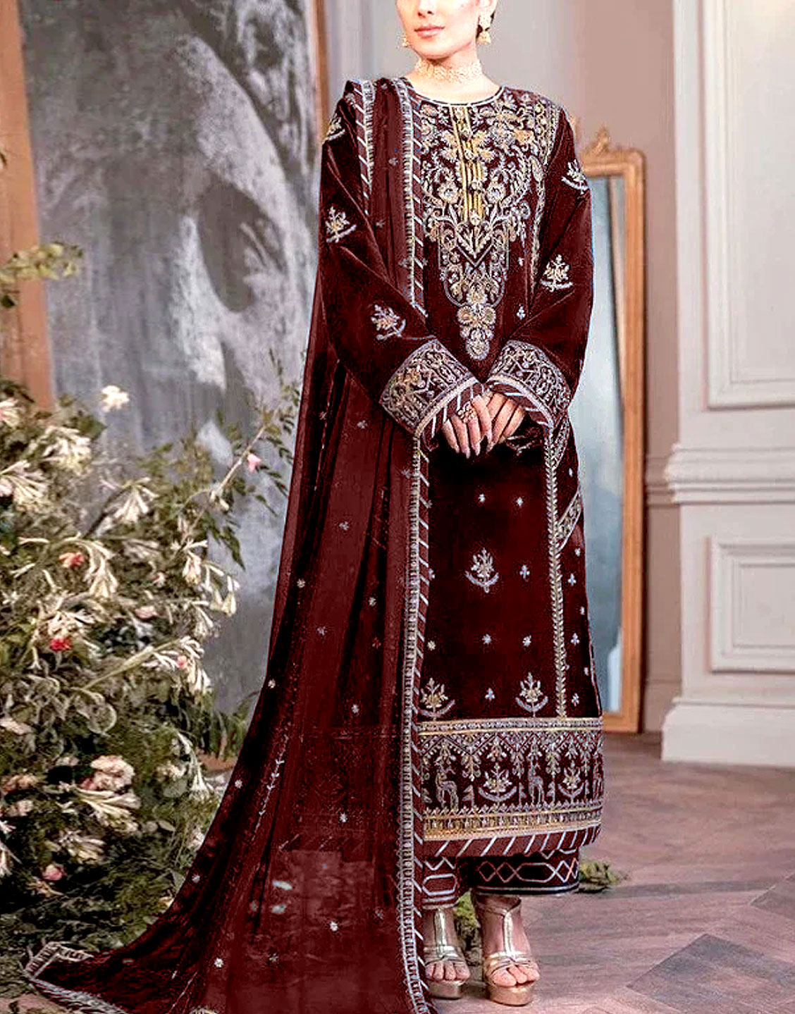 Luxury Embroidered Maroon Velvet Wedding Dress 2023 Price in Pakistan