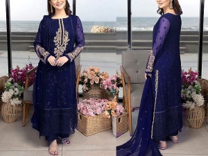 Heavy Embroidered Navy Blue Chiffon Wedding Dress 2024 Price in Pakistan