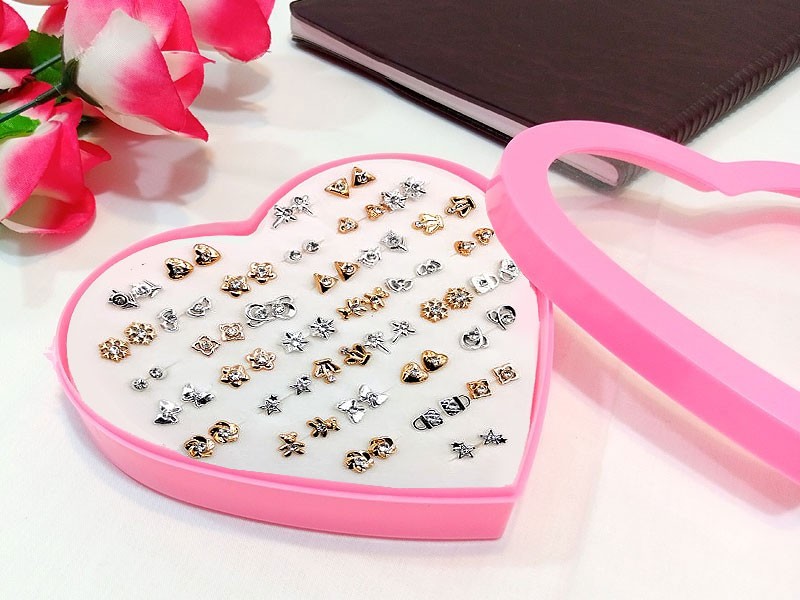 36 Pairs Mix Silver Golden Stud Earrings Set for Girls with Heart Shape Gift Packing Price in Pakistan