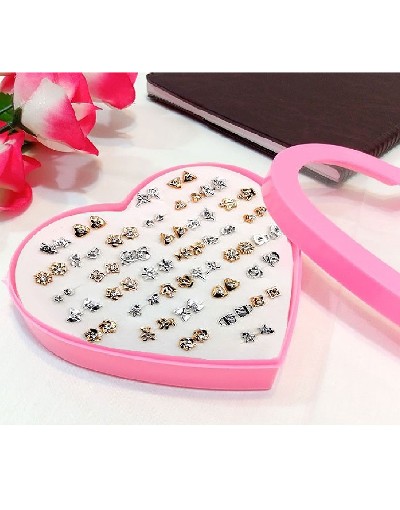 36 Pairs Mix Silver Golden Stud Earrings Set for Girls with Heart Shape Gift Packing Price in Pakistan