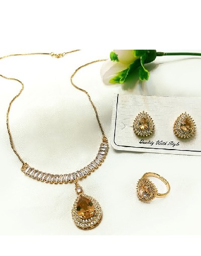 Champagne Stones Party Wear Necklace Set with Earrings & Rings Price in Pakistan