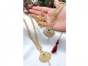 Indian Rajwadi Jewellery Set with Mala, Necklace & Jhumkis