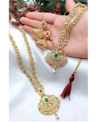 Indian Rajwadi Jewellery Set with Mala, Necklace & Jhumkis Price in Pakistan