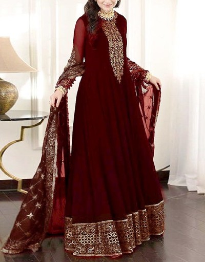 Embroidered Maroon Chiffon Maxi Dress with Embroidered Net Dupatta Price in Pakistan