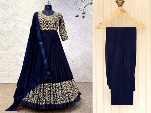Readymade 3-Piece Embroidered Shamoz Silk Maxi Dress - Navy Blue Price in Pakistan
