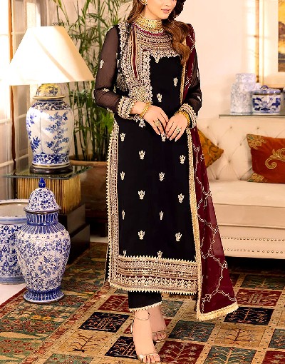 Elegant Embroidered Black Chiffon Party Wear Dress 2024