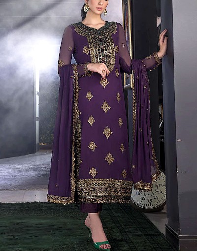 Elegant Embroidered Purple Chiffon Wedding Dress 2024 Price in Pakistan