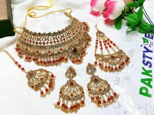 Bridal Collar Choker Necklace Set with Earrings, Jhumar and Maang Teeka Price in Pakistan