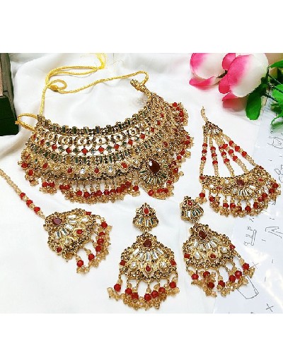 Bridal Collar Choker Necklace Set with Earrings, Jhumar and Maang Teeka Price in Pakistan