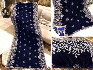 Heavy Embroidered Cutwork Navy Blue Bridal Velvet Shawl Price in Pakistan