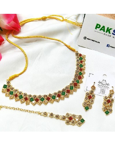 Multicolor Stone Necklace Jewelry Set with Earrings & Tikka Price in Pakistan