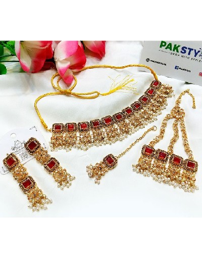 Bridal Maroon Stones Necklace Set with Earrings, Jhumar and Maang Teeka