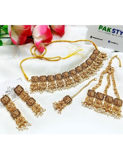 Bridal Champagne Stones Necklace Set with Earrings, Jhumar and Maang Teeka Price in Pakistan