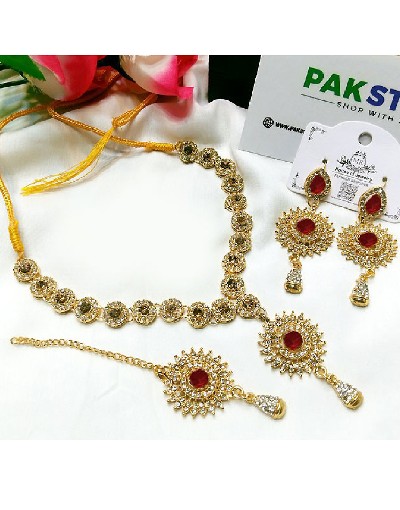 Elegant Maroon Stone Jewelry Set with Earrings & Tikka Price in Pakistan