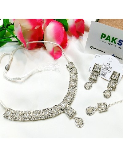 Indian Style Zircon Studded Silver Party Wear Jewellery Set