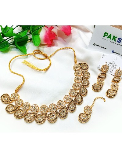 Indian Style  Zircon Studded Party Wear Jewellery Set with Earrings & Tikka Price in Pakistan