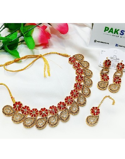 Indian Style  Zircon Studded Party Wear Jewellery Set with Earrings & Tikka