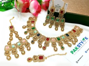 Multicolor Stones & Zircon Studded Bridal Jewellery Set with Earrings, Jhumar & Teeka Price in Pakistan