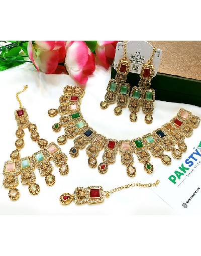 Multicolor Stones & Zircon Studded Bridal Jewellery Set with Earrings, Jhumar & Teeka Price in Pakistan