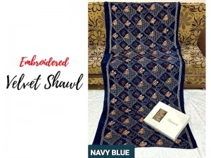 Heavy Embroidered Navy Blue Bridal Velvet Shawl