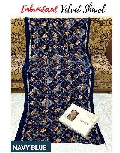 Heavy Embroidered Navy Blue Bridal Velvet Shawl Price in Pakistan