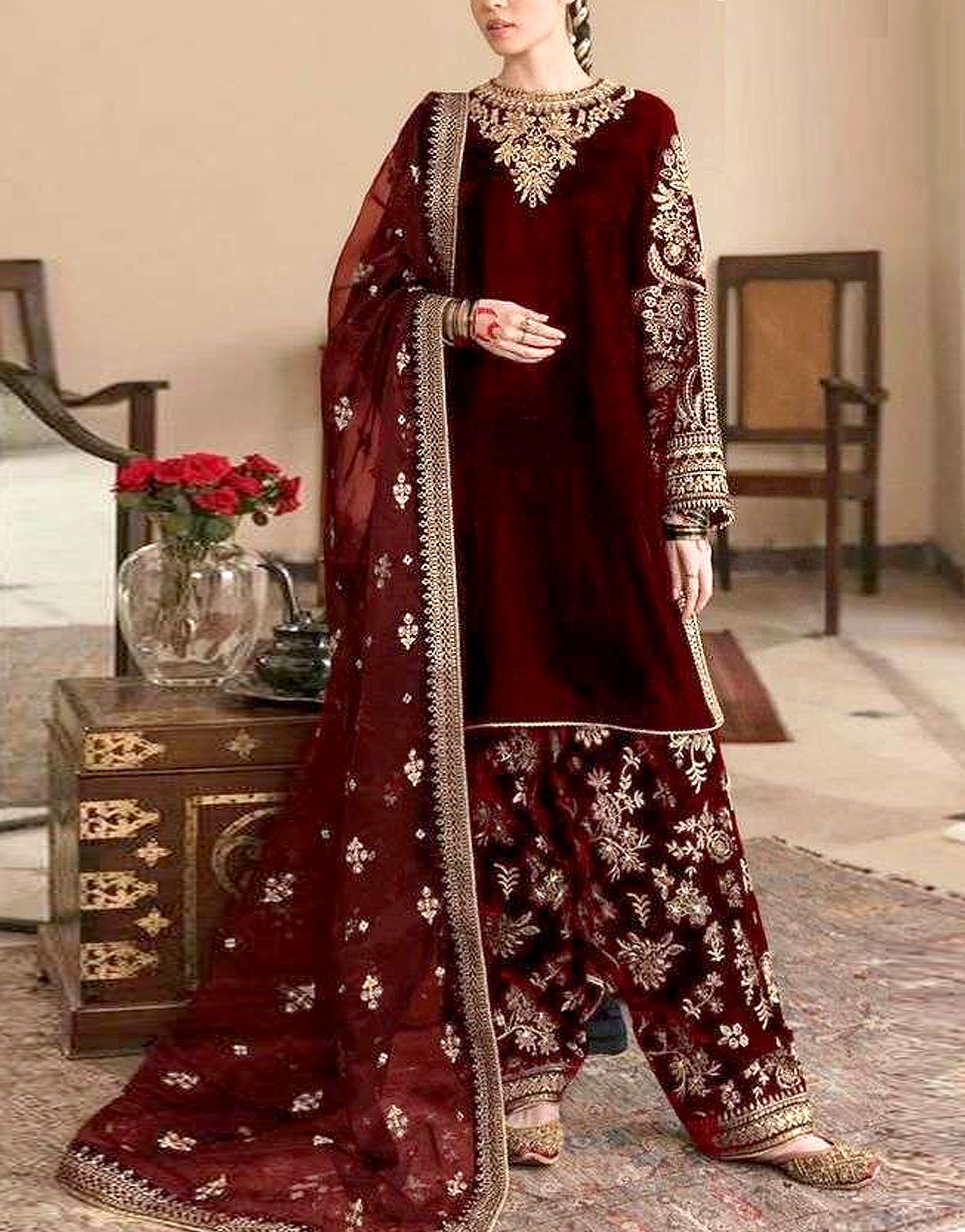 Luxury Embroidered Maroon Velvet Wedding Dress 2023 Price in Pakistan