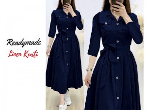 Readymade Linen Shirt for Girls - Navy Blue Price in Pakistan