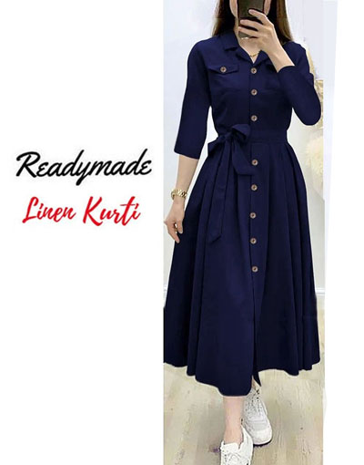 Readymade Linen Shirt for Girls - Navy Blue Price in Pakistan