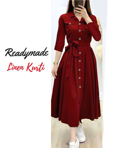 Readymade Linen Shirt for Girls - Maroon Price in Pakistan