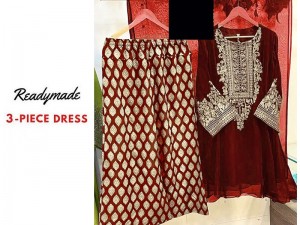 Readymade 3-Piece Embroidered Chiffon Dress - Maroon Price in Pakistan