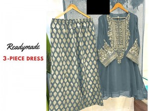 Readymade 3-Piece Embroidered Chiffon Dress- Grey Price in Pakistan