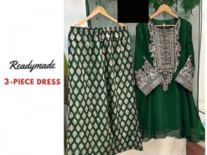 Readymade 3-Piece Embroidered Chiffon Dress- Green Price in Pakistan