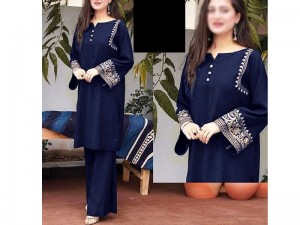 Readymade 2-Piece Embroidered Linen Dress - Navy Blue Price in Pakistan