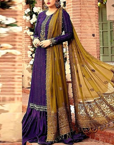 Heavy Embroidered Purple Chiffon Wedding Dress 2023  Price in Pakistan