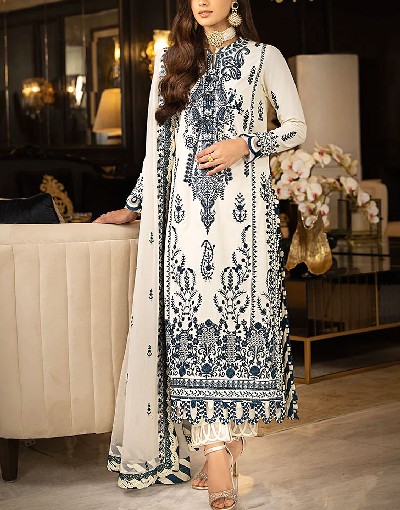 Heavy Embroidered White Chiffon Party Wear Dress 2024