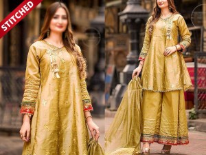 Ready-to-Wear Angrakha Style Embroidered Raw Silk Party Wear Dress 2024 Price in Pakistan