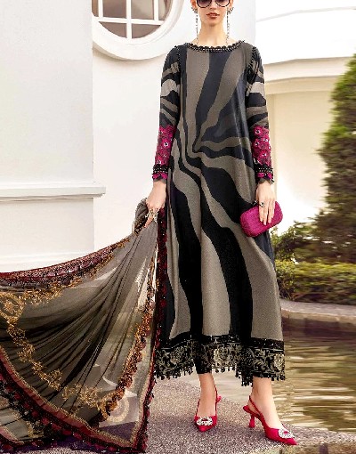 Digital Print Embroidered Swiss Lawn Dress with Silk Dupatta