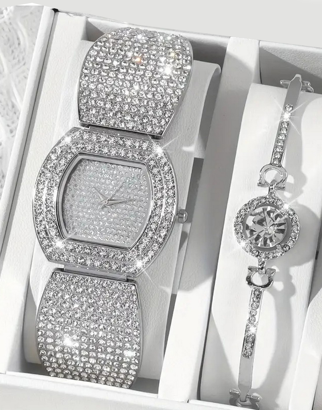 2-Pcs Elegant Ladies Silver Bracelet Wat