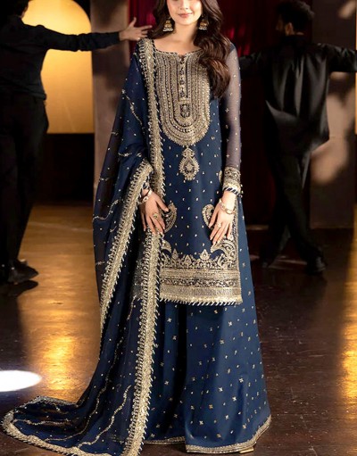 Luxury Heavy Embroidered Navy Blue Chiff