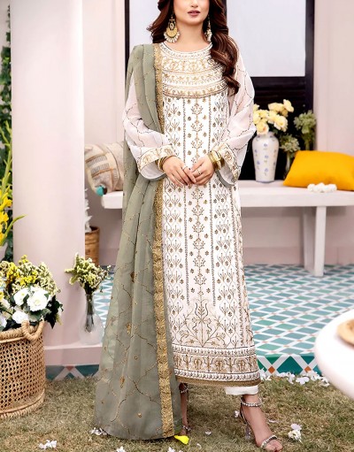 Heavy Embroidered White Chiffon Party We